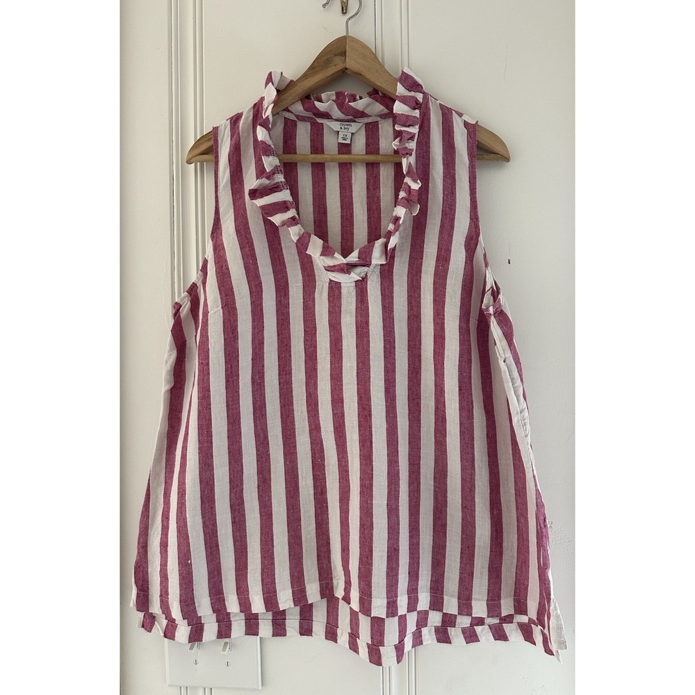 Crown & Ivy 100% Linen Pink White Stripe Ruffle Neck Sleeveless Top‎ 1X Plus